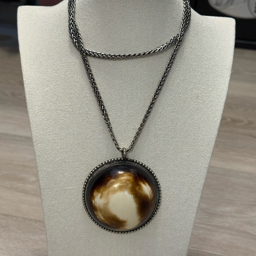 Large Vintage Statement Pendant Necklace with Brown and Cream Marbled Cabochon